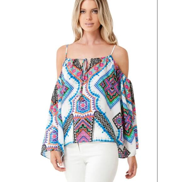 Hale Bob Fumiko Cold Shoulder Blouse Size Small Bell Sleeve Multicolor Boho - Picture 1 of 9